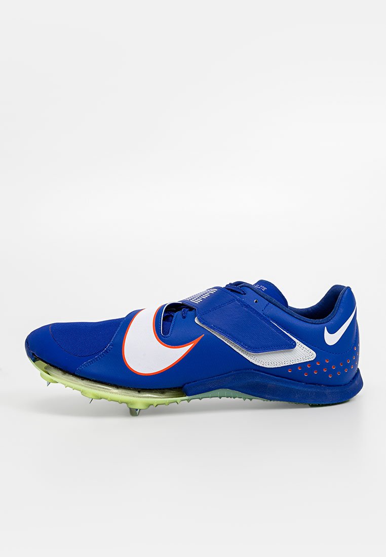 Blue Nike sprint spike shoe with white and orange swoosh, hook-and-loop strap, and metal cleats on light green sole.
