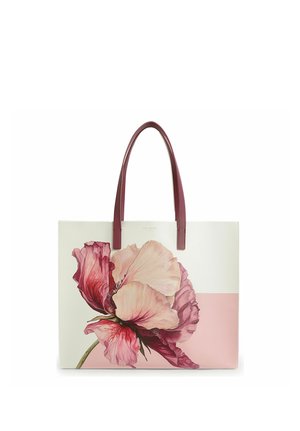 Crème en roze draagtas met bordeauxrode handvatten, met een grote gedetailleerde illustratie van een roze en rode bloem aan de voorkant.