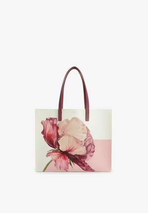 Crème en roze draagtas met bordeauxrode handvatten, met een grote gedetailleerde illustratie van een roze en rode bloem aan de voorkant.