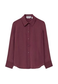 Maroon button-up shirt with a collar, long sleeves, and a slightly curved hem. Made from smooth, lightweight fabric with a subtle sheen.
