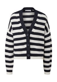 Gestreifter Cardigan in Marineblau und Creme mit Rippstrick. Verfügt über einen V-Ausschnitt, lange Ärmel und vier Knöpfe auf der Vorderseite. Kurzer Schnitt.