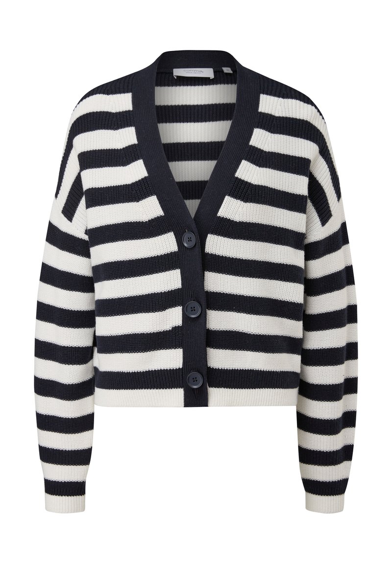 Gestreifter Cardigan in Marineblau und Creme mit Rippstrick. Verfügt über einen V-Ausschnitt, lange Ärmel und vier Knöpfe auf der Vorderseite. Kurzer Schnitt.