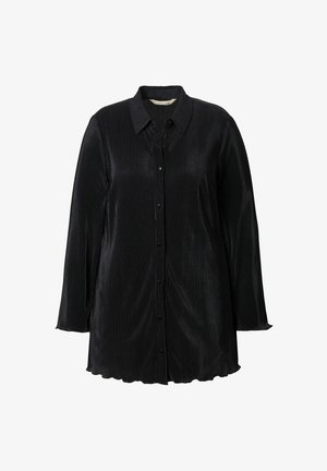 Zwarte button-up shirt met lange mouwen, met een textuur van ribbelstof en een gegolfde zoom. Gemaakt van een gladde, zachte stof.