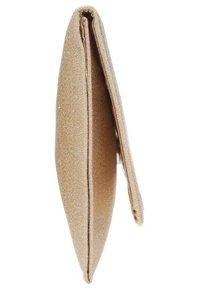 Zlatá třpytivá psaníčko, obdélníkový tvar, hladký povrch, zavírá se skládáním, s oslnivým materiálem na vnější straně.