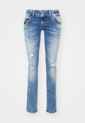 Hellblaue Jeans aus Denim mit geradem Bein, distressed Akzenten und zwei knöpfbaren Verschlüssen am Bund.