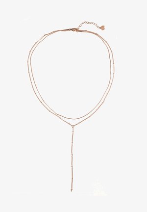 Zweischichtige Halskette aus Roségold, mit zarten Kettengliedern und einem langen Tropfendesign mit subtilen Perlenakzenten. Verstellbarer Verschluss enthalten.