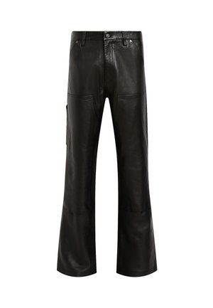 Black leather trousers with a flared leg design, featuring two front pockets and a side cargo pocket. Smooth texture with visible stitching.