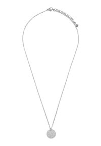 Collana d'argento con una delicata catena e un pendente circolare con una superficie texture, lavorata a martello. Lunghezza della catena regolabile con chiusura.