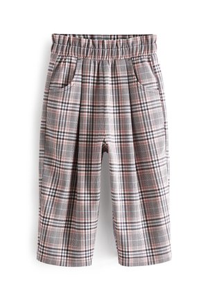 Broek met elastische taille en cropped model in beige, zwart en rood ruitpatroon met zijzakken en geplooide voorzijde.