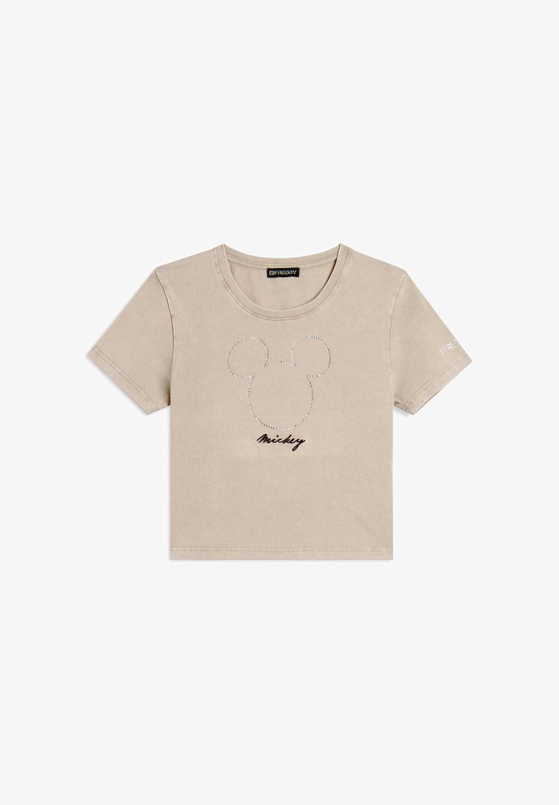 Camiseta corta de manga corta beige con contorno punteado de la cabeza de Mickey Mouse y el texto "Mickey" debajo, en el centro frontal.