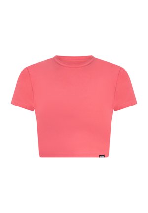 Korte mouwen, cropped t-shirt in fel koraalkleur. Gemaakt van gladde, rekbare stof met een ronde halslijn en minimale naden.