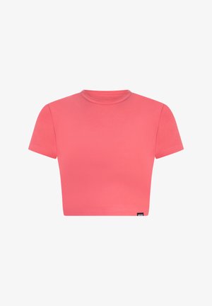 Korte mouwen, cropped t-shirt in fel koraalkleur. Gemaakt van gladde, rekbare stof met een ronde halslijn en minimale naden.