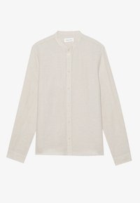Camicia a maniche lunghe di un colore beige chiaro, realizzata in un tessuto testurizzato e traspirante. Presenta un colletto alla cinese e una chiusura frontale con bottoni.