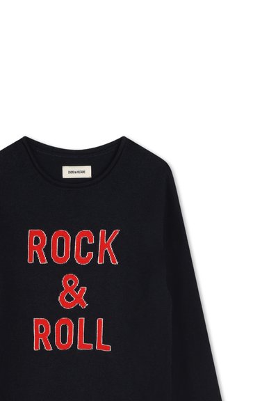 Pull noir à manches longues, avec un texte rouge brodé qui dit "ROCK & ROLL". Encolure ronde, texture douce et design décontracté.