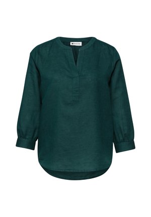 Ciemnozielona bluzka z długim rękawem, okrągłym dekoltem, rozcięciem w kształcie litery V z przodu, mankietami zapinanymi na guziki oraz lekko zaokrąglonym dołem.