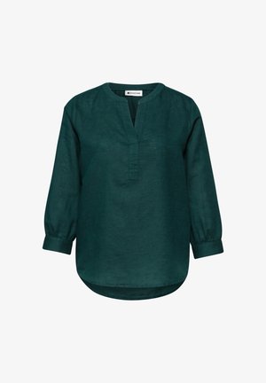 Mørkegrøn langærmet bluse med rund hals, V-udskæring foran, knapmanchetter og let afrundet kant.