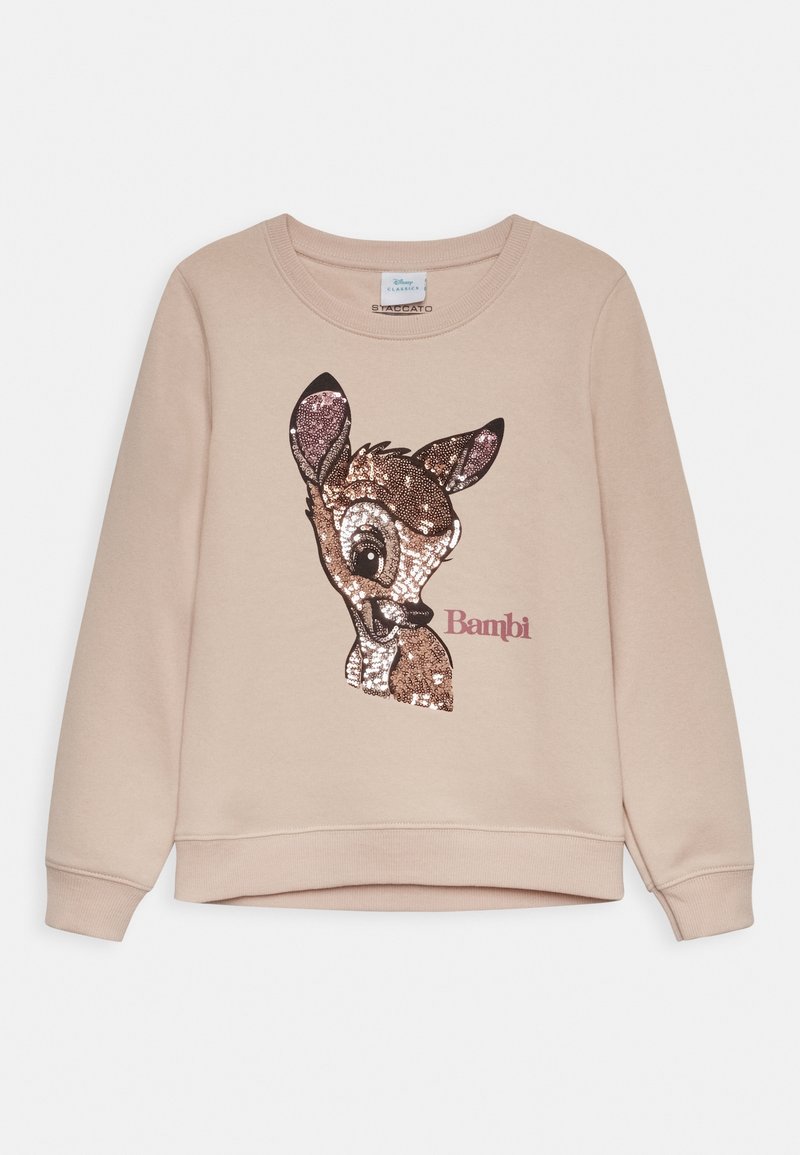Sweat-shirt beige avec un visage de cerf Bambi en sequins et le texte rose "Bambi" à l'avant, doté de poignets et d'un ourlet côtelés.