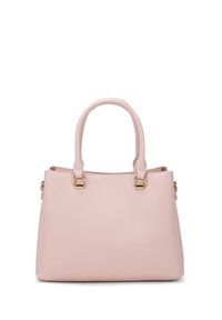 Borsa a tracolla rosata con manici arrotondati, finiture in tonalità oro e un design strutturato. Presenta una chiusura superiore a zip per maggiore sicurezza.