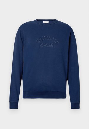 Námornícka modrá mikina z jemnej bavlnenej zmesi, s okrúhlym výstrihom, dlhými rukávmi a reliéfnym dizajnom "ORIGINALS Studio" na prednej strane.