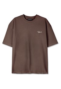 Brun ribbet kortærmet t-shirt med rund hals og hvidt broderet logo på brystet. Blød tekstur, afslappet pasform.