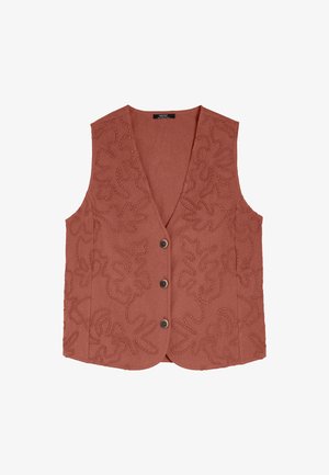 Różowa kamizelka z dekoltem w serek, haftowanym wzorem kwiatowym, pięcioma guzikami z przodu i bez rękawów. Teksturowany materiał.