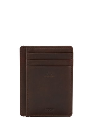 Dunkelbrauner Lederkartenhalter mit drei oberen Einschubfächern und einem Seitenschlitz, geprägte Logos in der Mitte und unten.