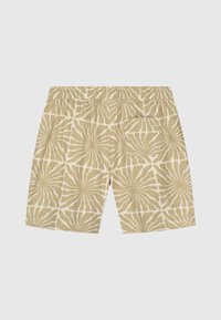 Beige korte broek met een bloemenpatroon, voorzien van een elastische tailleband en een achterzak. Gemaakt van lichtgewicht stof.