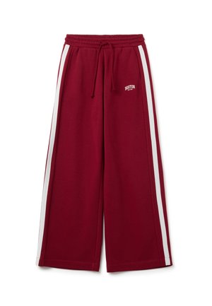 Pantaloni della tuta larghi bordeaux con strisce bianche laterali, vita con coulisse e dettaglio grafico "BOSTON" bianco sul davanti. Tessuto morbido.
