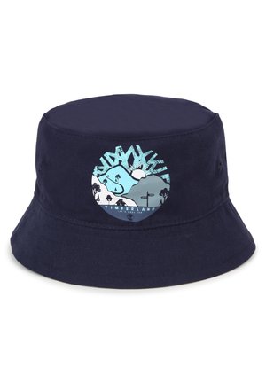 Chapeau seau bleu marine en coton, avec un graphique circulaire représentant des montagnes et des arbres, accompagné du texte "Timberland" et d'un motif de soleil.
