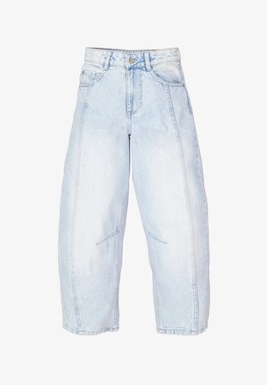 Lichtblauwe denim broek met wijde pijpen en een hoge taille, voorzien van steekzakken aan de voorkant, een knoopsluiting en een vervaagde waseffect.