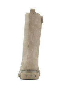 Beige Kunstleder-Ankle-Boots mit glatter Oberfläche, Reißverschluss, Zuglasche und strukturiertem Sohlenprofil. Mit 'TTD'-Prägung an der Ferse.