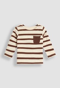 Camiseta de bebé de manga larga con rayas horizontales marrones y crema y un bolsillo marrón en el pecho izquierdo, con botones de presión en el hombro.