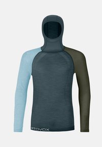 Hooded long-sleeve top in blue, dark gray, and olive green. Made of smooth, lightweight fabric with flat seams and logo at the hem.
