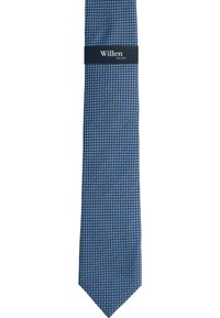 Blue and navy patterned tie with a checkered design. Material is smooth with a slight sheen. Features a rectangular label with brand name.