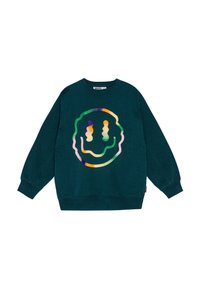Felpa color turchese con una grande grafica di una faccina sorridente multicolore. Realizzata in tessuto morbido con polsini a coste e design a girocollo.
