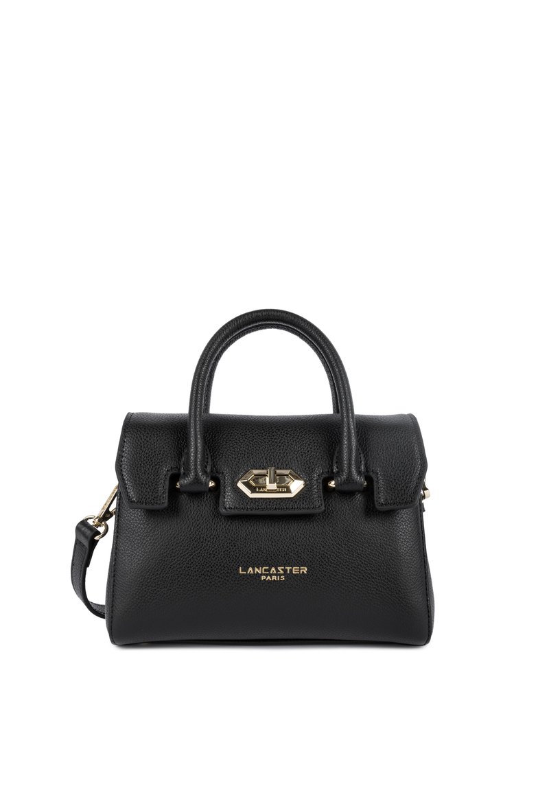 Borsa a mano in pelle nera con forma strutturata, doppie maniglie superiori, hardware color oro e logo in rilievo sulla parte anteriore. Texture liscia.