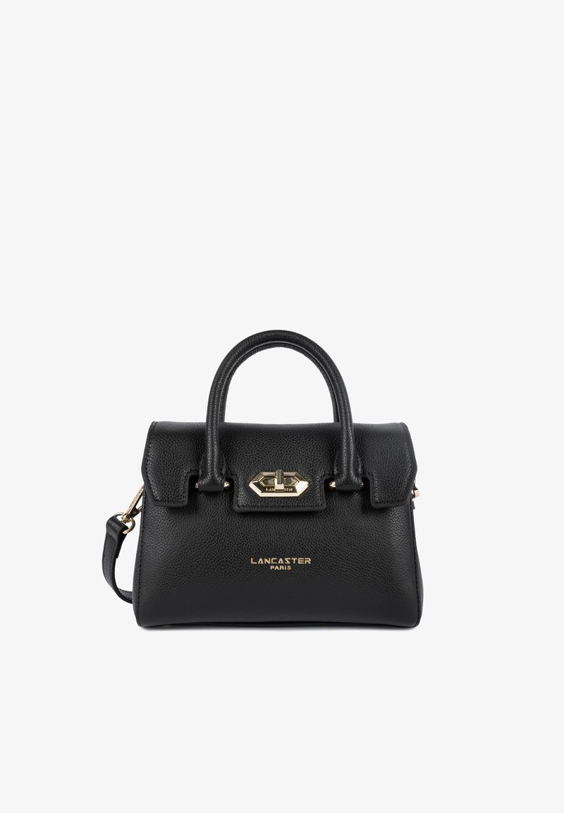 Borsa a mano in pelle nera con forma strutturata, doppie maniglie superiori, hardware color oro e logo in rilievo sulla parte anteriore. Texture liscia.