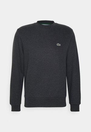 Sweat-shirt gris foncé à manches longues et col rond, avec poignets et ourlet côtelés, avec un petit logo crocodile vert sur la poitrine gauche.