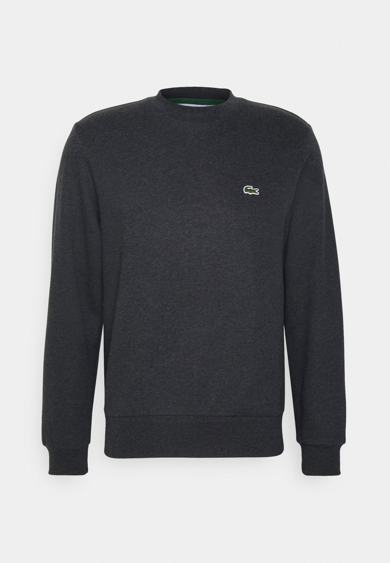 Sweat-shirt gris foncé à manches longues et col rond, avec poignets et ourlet côtelés, avec un petit logo crocodile vert sur la poitrine gauche.