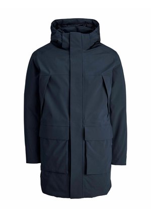 Navy blue waterproof parka with a high collar, front zipper, and two large front pockets. Smooth, textured fabric. Minimalist design.
