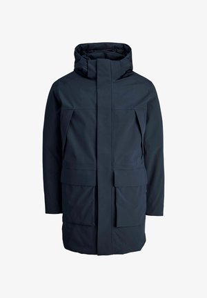 Navy blue waterproof parka with a high collar, front zipper, and two large front pockets. Smooth, textured fabric. Minimalist design.