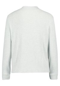 Ljust grå, stickad tröja med rund halsringning och ribbad mudd. Har en enkel design utan synliga mönster eller dekorationer.