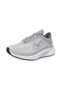 Light grey running shoe with a mesh upper, perforated design for breathability, cushioned midsole, and black rubber outsole for traction.