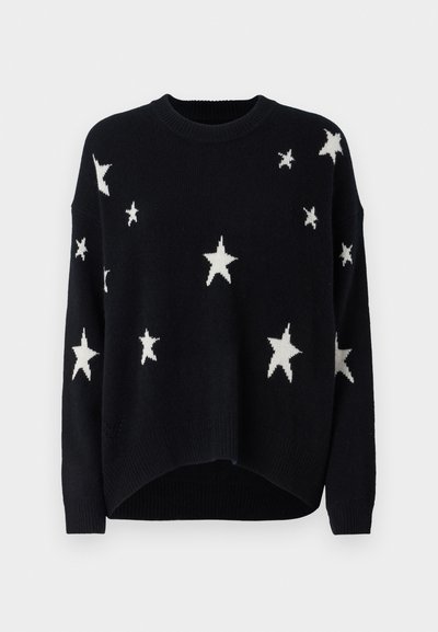 Maglione nero con motivi a stelle bianchi, scollo rotondo, spalle cadenti e orlo cropped. Realizzato in un morbido materiale lavorato a maglia.