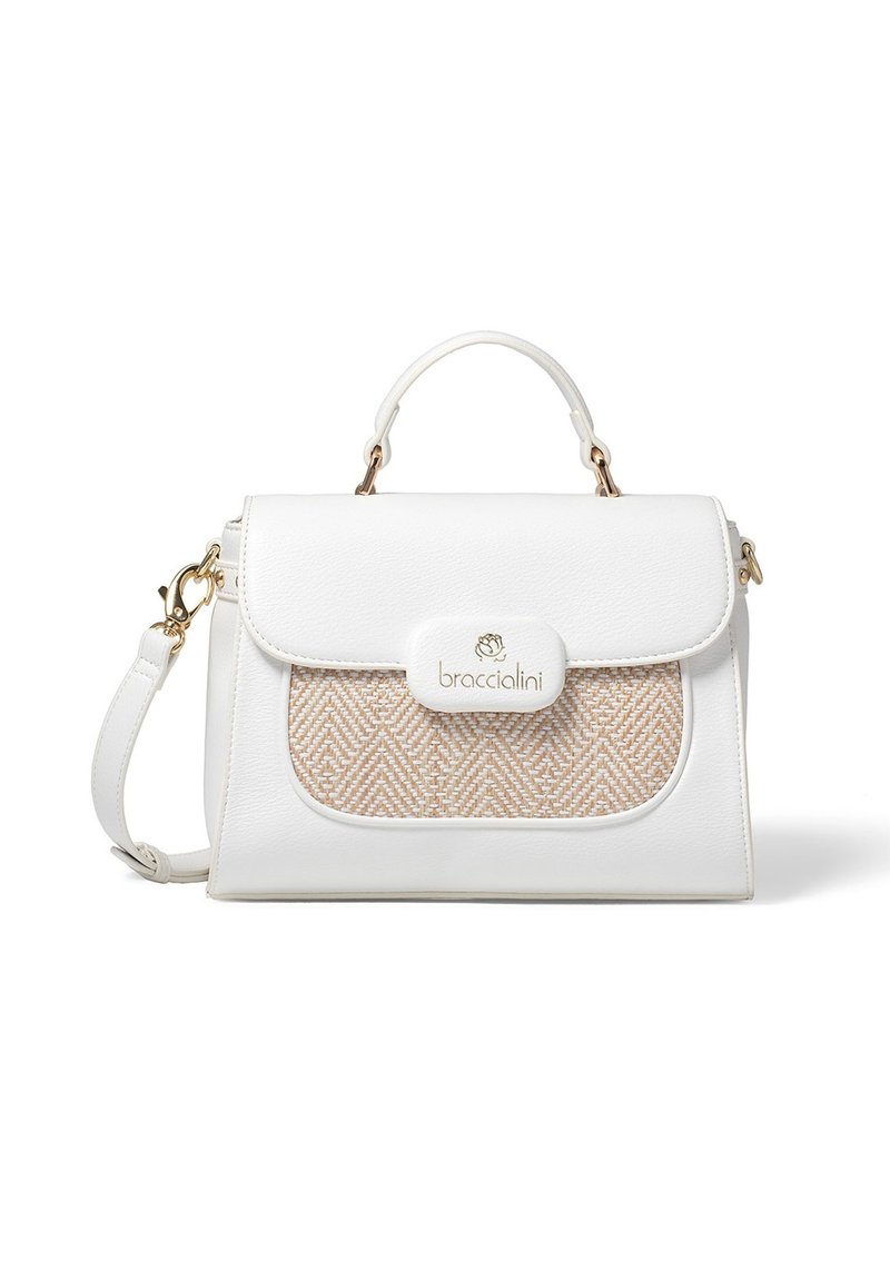 Borsa bianca con una forma strutturata, caratterizzata da un motivo intrecciato beige sulla tasca frontale e dettagli in oro. Include una tracolla rimovibile.