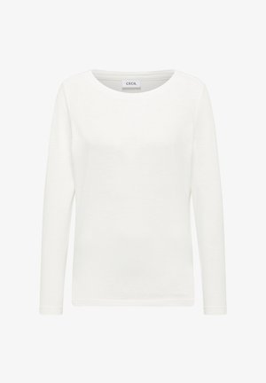 Biała koszulka z długim rękawem, wykonana z miękkiego materiału, z okrągłym dekoltem i standardowym dopasowaniem. Brak wzorów lub dodatkowych ozdobników.