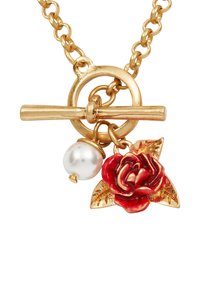 Gold chain necklace with toggle clasp, featuring a white pearl charm and a red rose with gold leaves pendant.