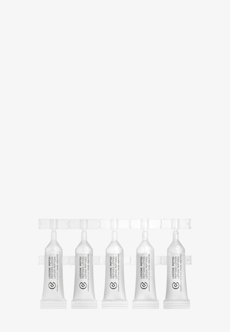 Cinq ampoules en plastique transparent monodose étiquetées "Lozione Peptidi Peptides Lotion" disposées en ligne, reliées par une bande en plastique.