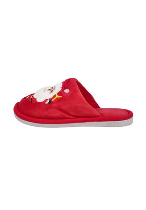 Pantufla de felpa roja con un exterior de tela suave, con un diseño bordado de la cara de Santa Claus. Incluye una plantilla acolchada y una suela plana gris.
