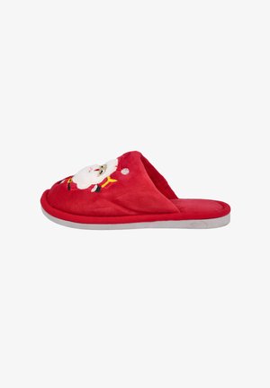 Pantufla de felpa roja con un exterior de tela suave, con un diseño bordado de la cara de Santa Claus. Incluye una plantilla acolchada y una suela plana gris.